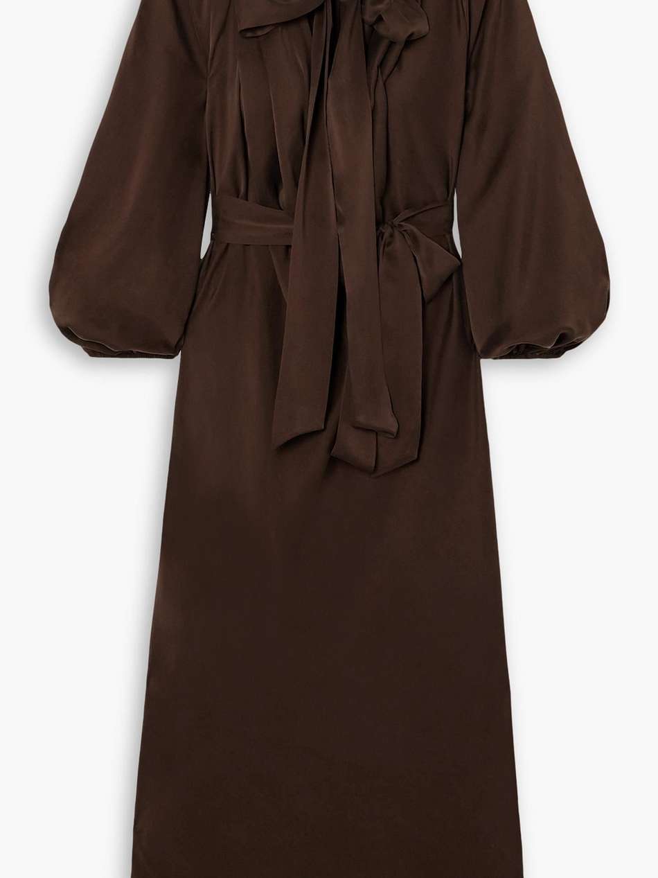billow pussy-bow belted silk-satin midi dress