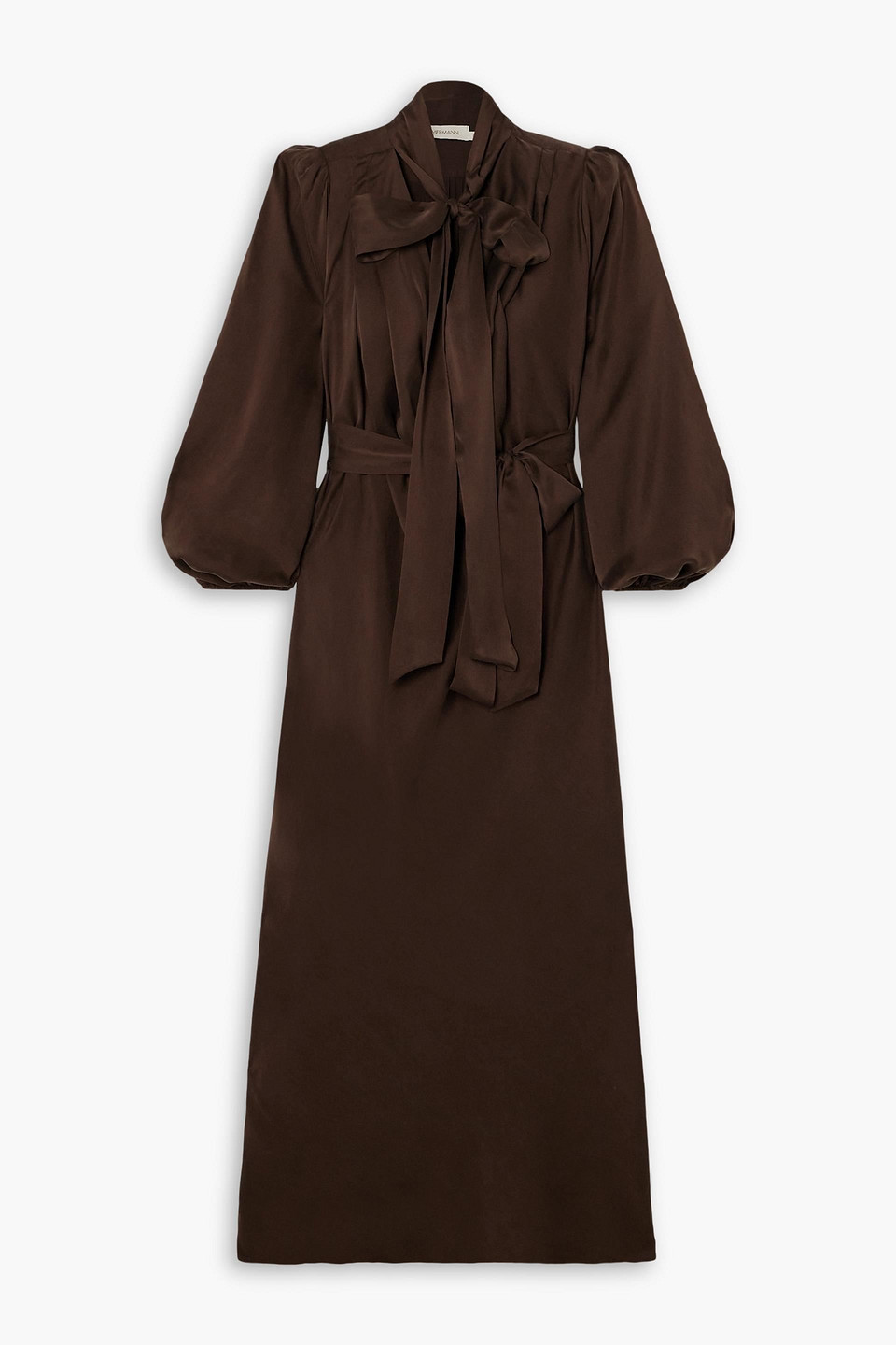 Zimmermann Billow Pussy-bow Belted Silk-satin Midi Dress In Schokolade