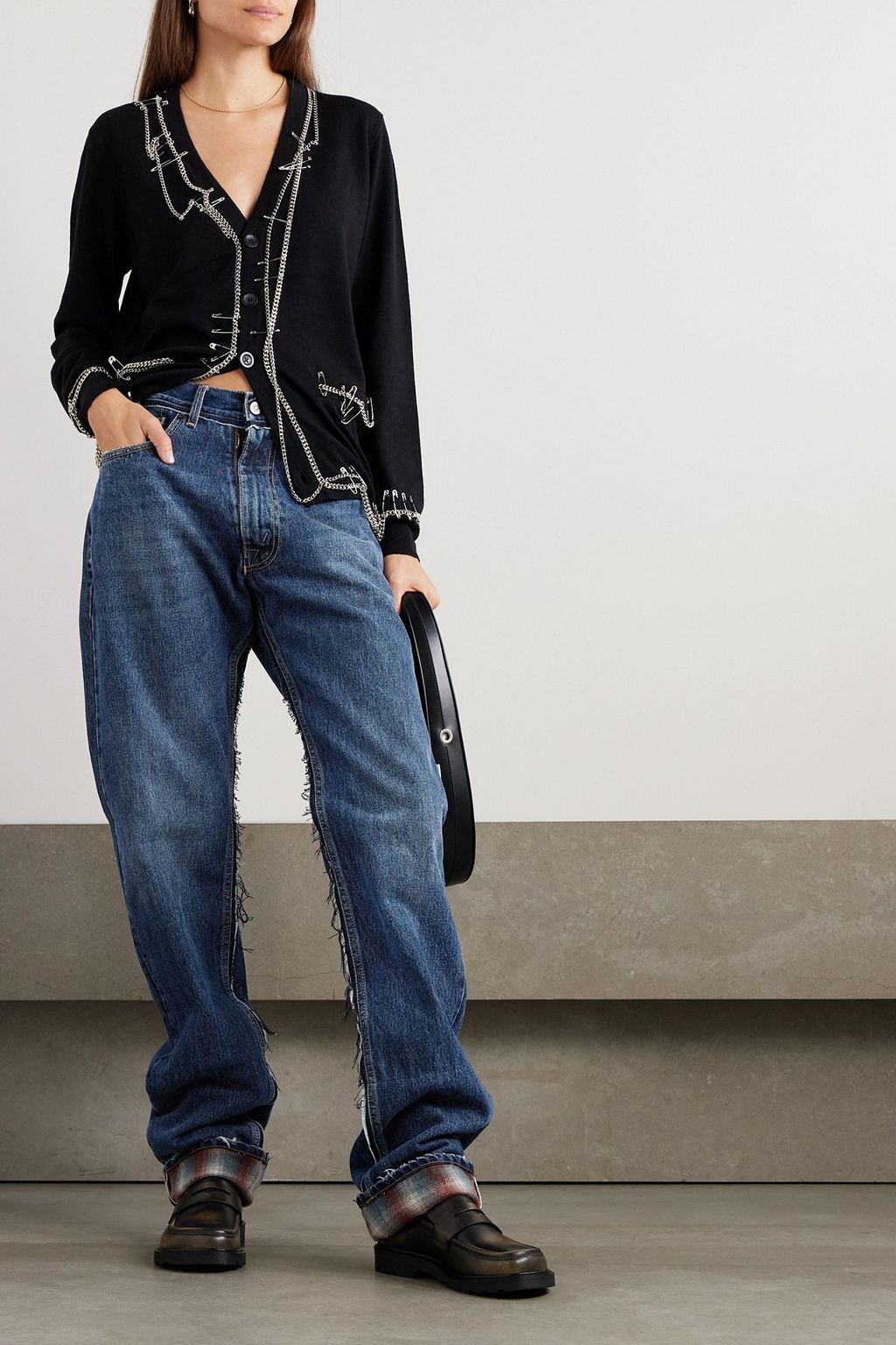 MAISON MARGIELA ミッドライズ ストレートジーンズ ダメージ加工 ウールトリム