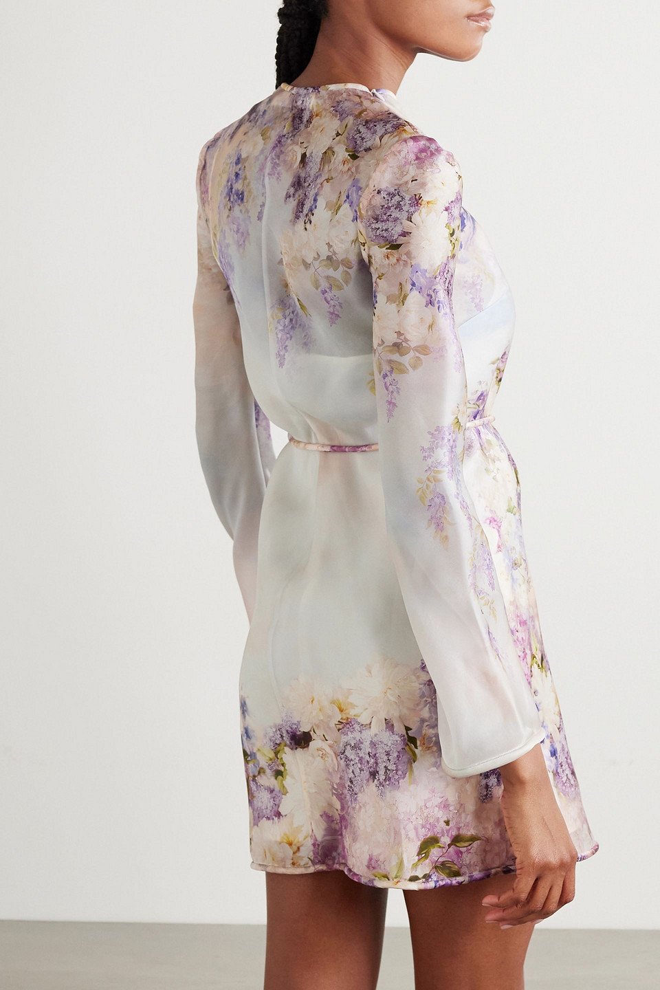 Zimmermann Luminosity Belted Floral-print Silk Mini Dress In Lavender