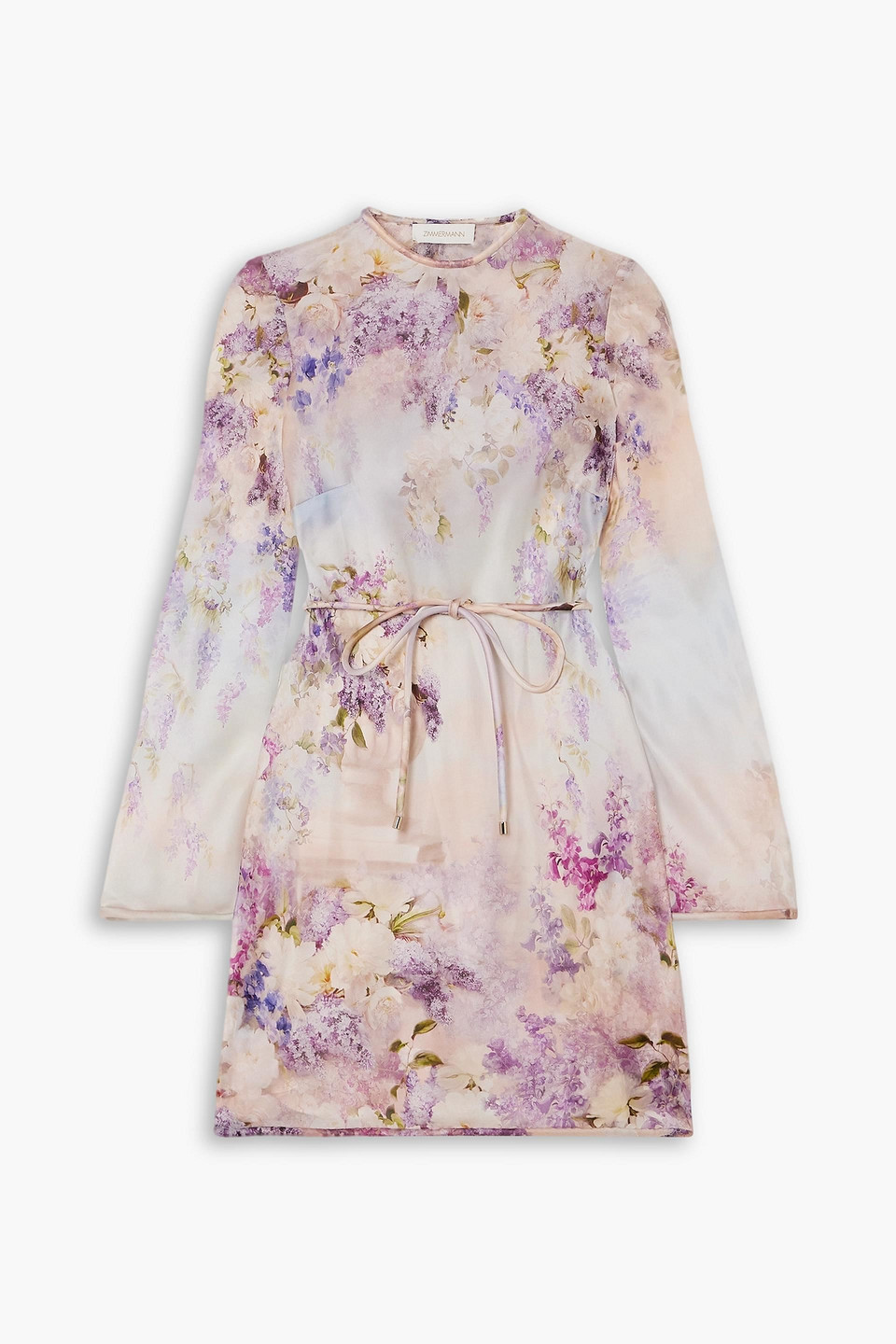 Zimmermann Luminosity Belted Floral-print Silk Mini Dress In Lavender