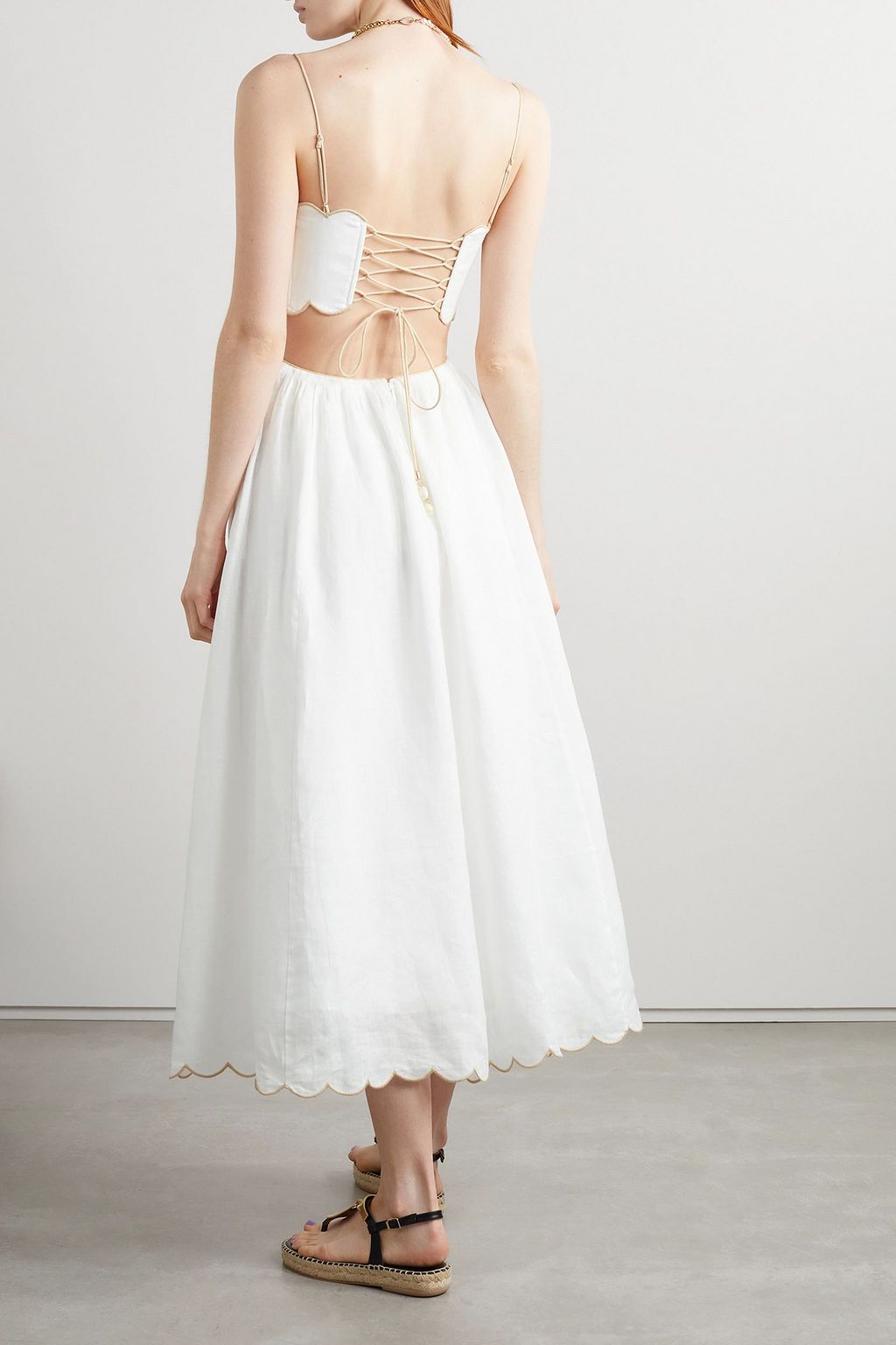 ZIMMERMANN Devi shell-embellished cutout scalloped linen midi dress