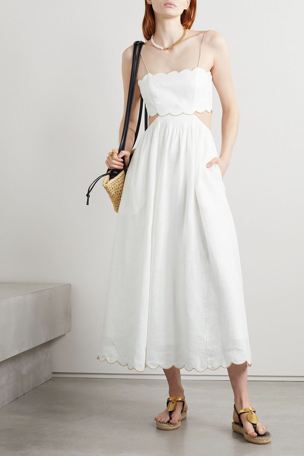 ZIMMERMANN Devi shell-embellished cutout scalloped linen midi dress