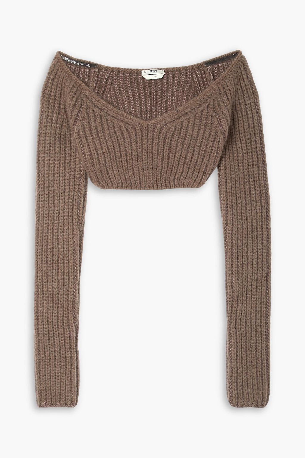 Off the shoulder cropped ribbed knit top taupe One Size
