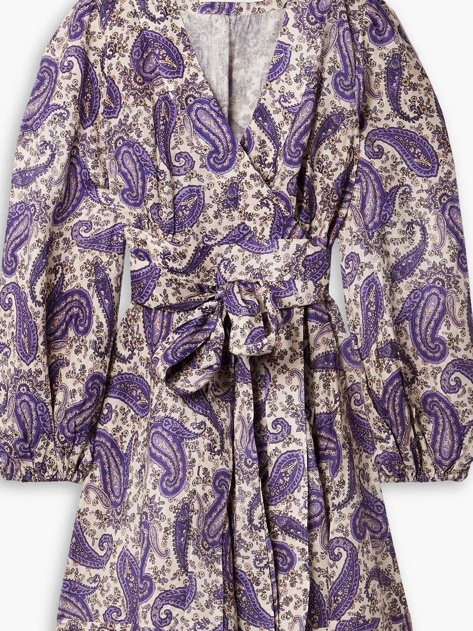 devi paisley-print linen mini wrap dress