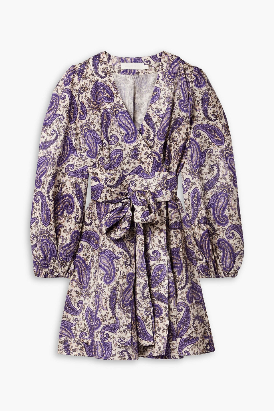 Shop Zimmermann Devi Paisley-print Linen Mini Wrap Dress In Indigo