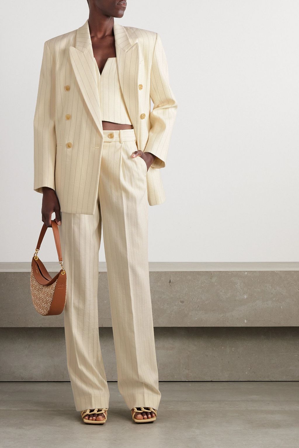 ZIMMERMANN Pleated pinstriped herringbone wool and cotton-blend wide-leg pants