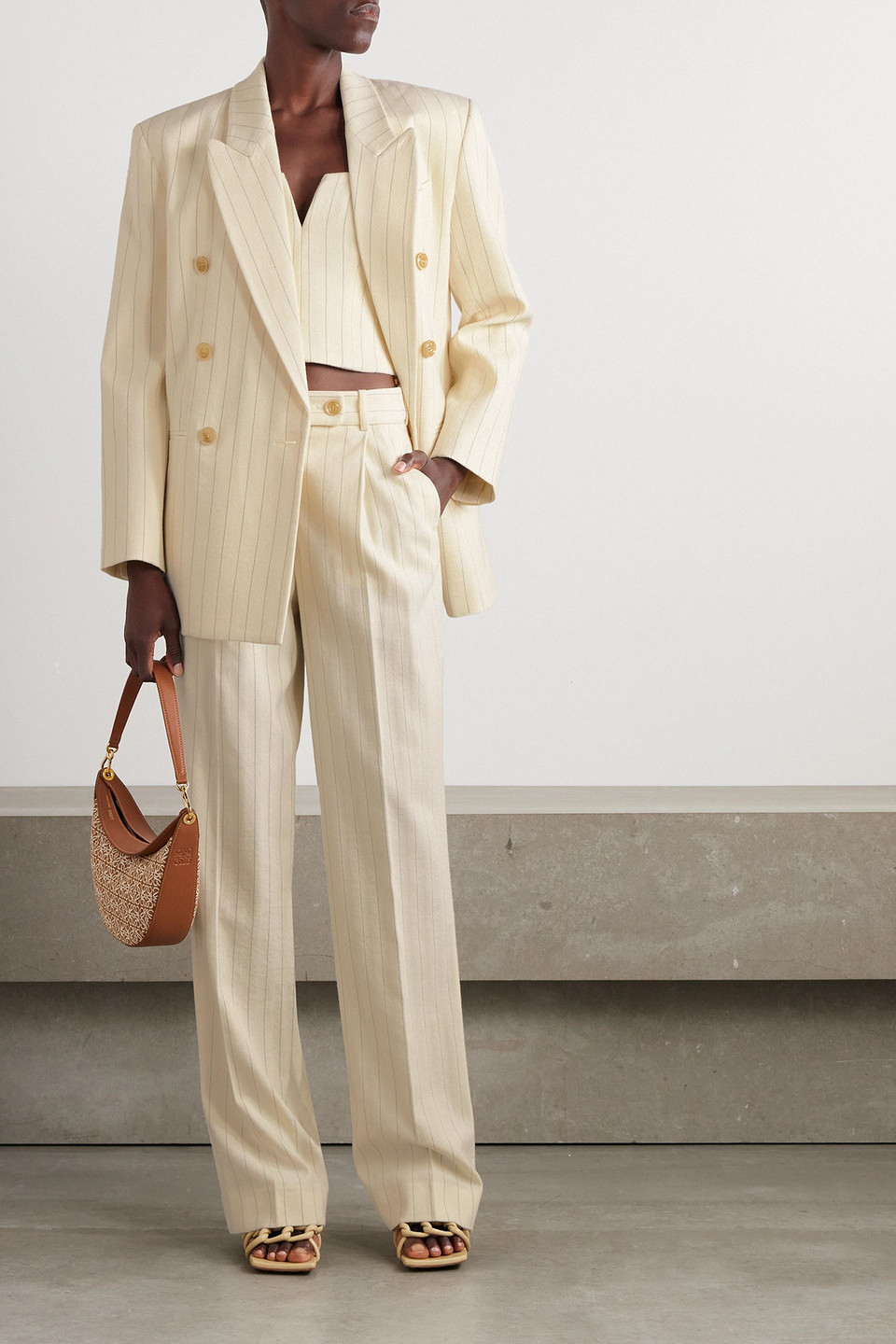 Zimmermann Pleated Pinstriped Herringbone Wool And Cotton-blend Wide-leg Pants In Cream