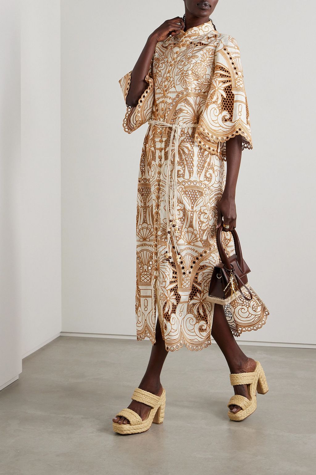 ZIMMERMANN Ginger belted embroidered broderie anglaise linen midi dress