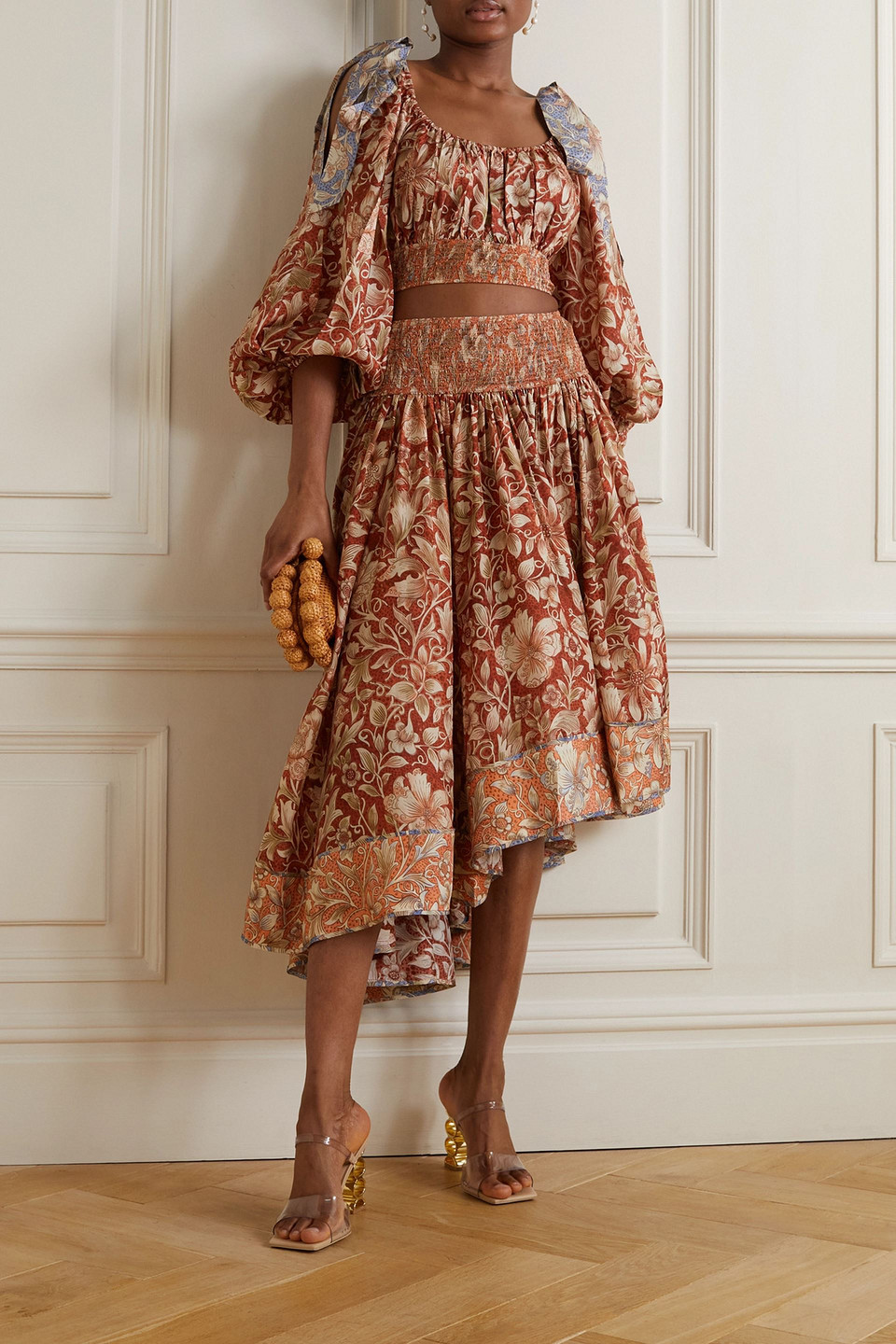 Shop Zimmermann Chintz Cropped Floral-print Silk Crepe De Chine Top In Brick