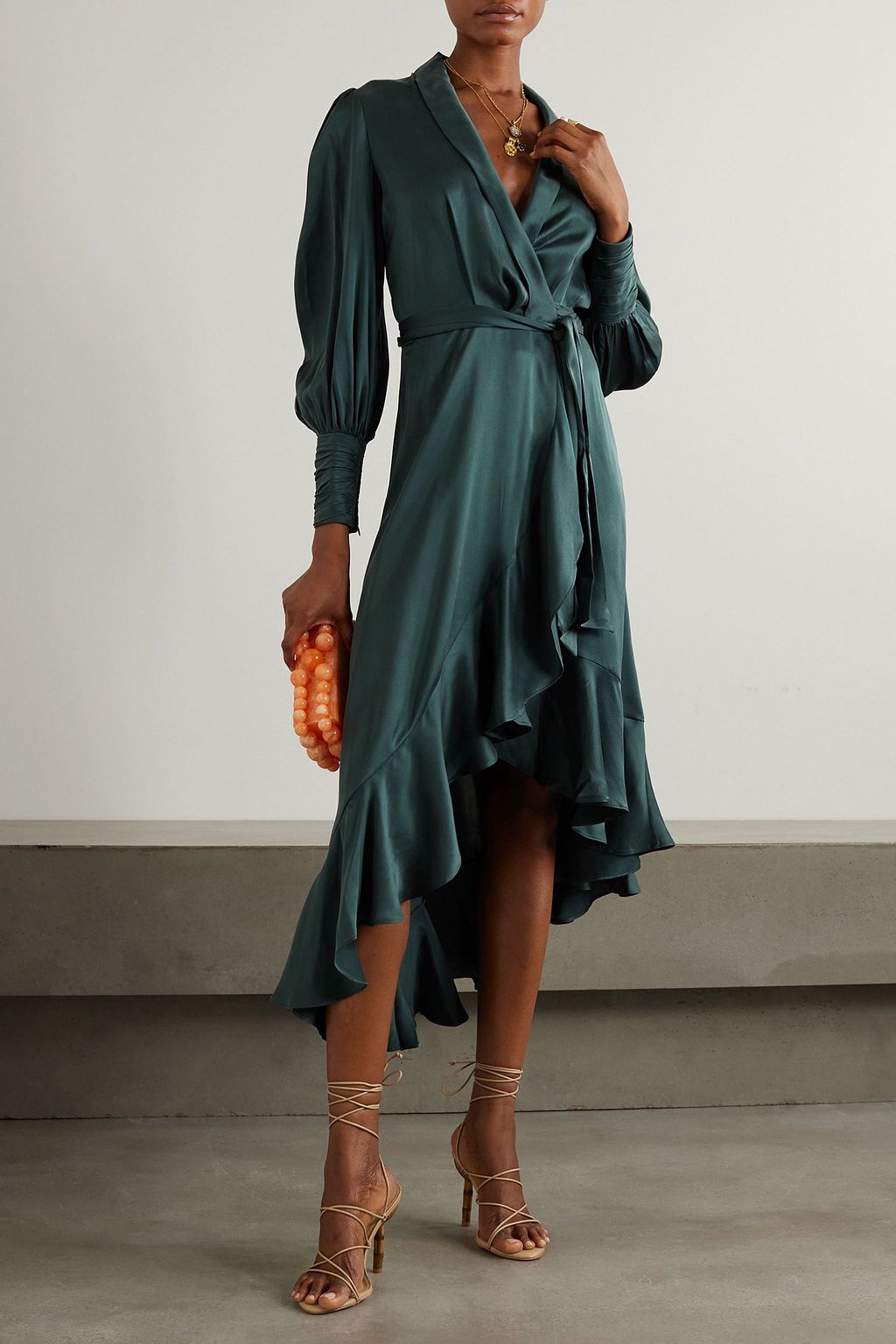ZIMMERMANN Asymmetric ruffled silk-satin midi wrap dress