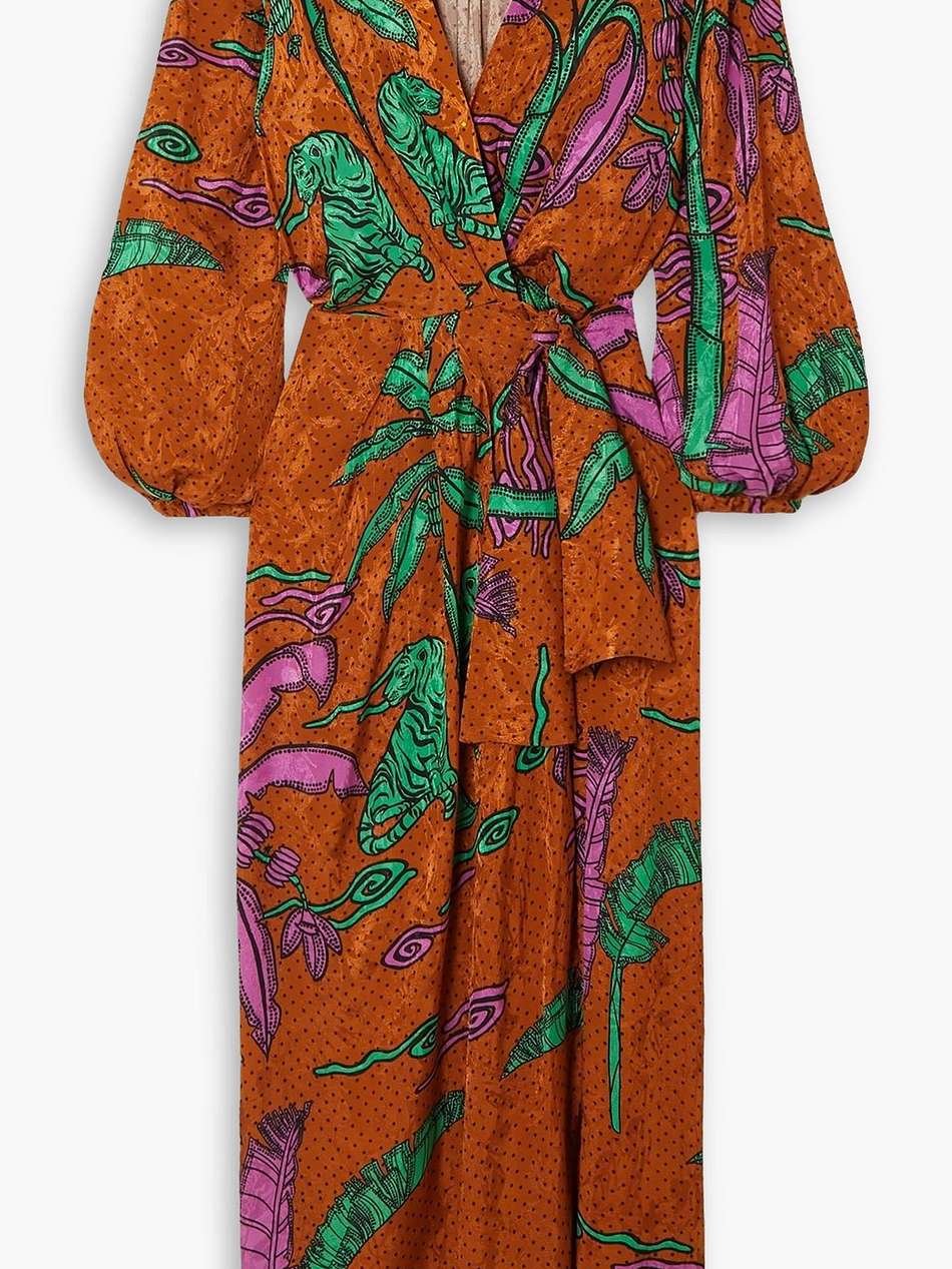 mist and mountains printed satin-jacquard midi wrap dress
