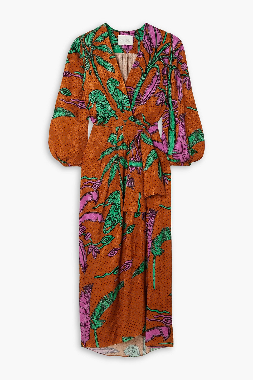 Johanna Ortiz Mist And Mountains Printed Satin-jacquard Midi Wrap Dress In Light Brown