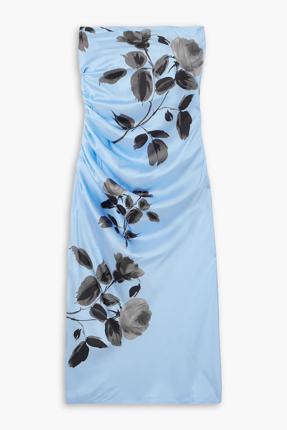 Magda Butrym Strapless Ruched Floral-print Stretch-silk Dress In Light Blue