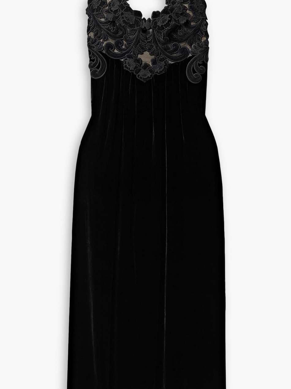 appliquéd tulle-trimmed velvet midi dress