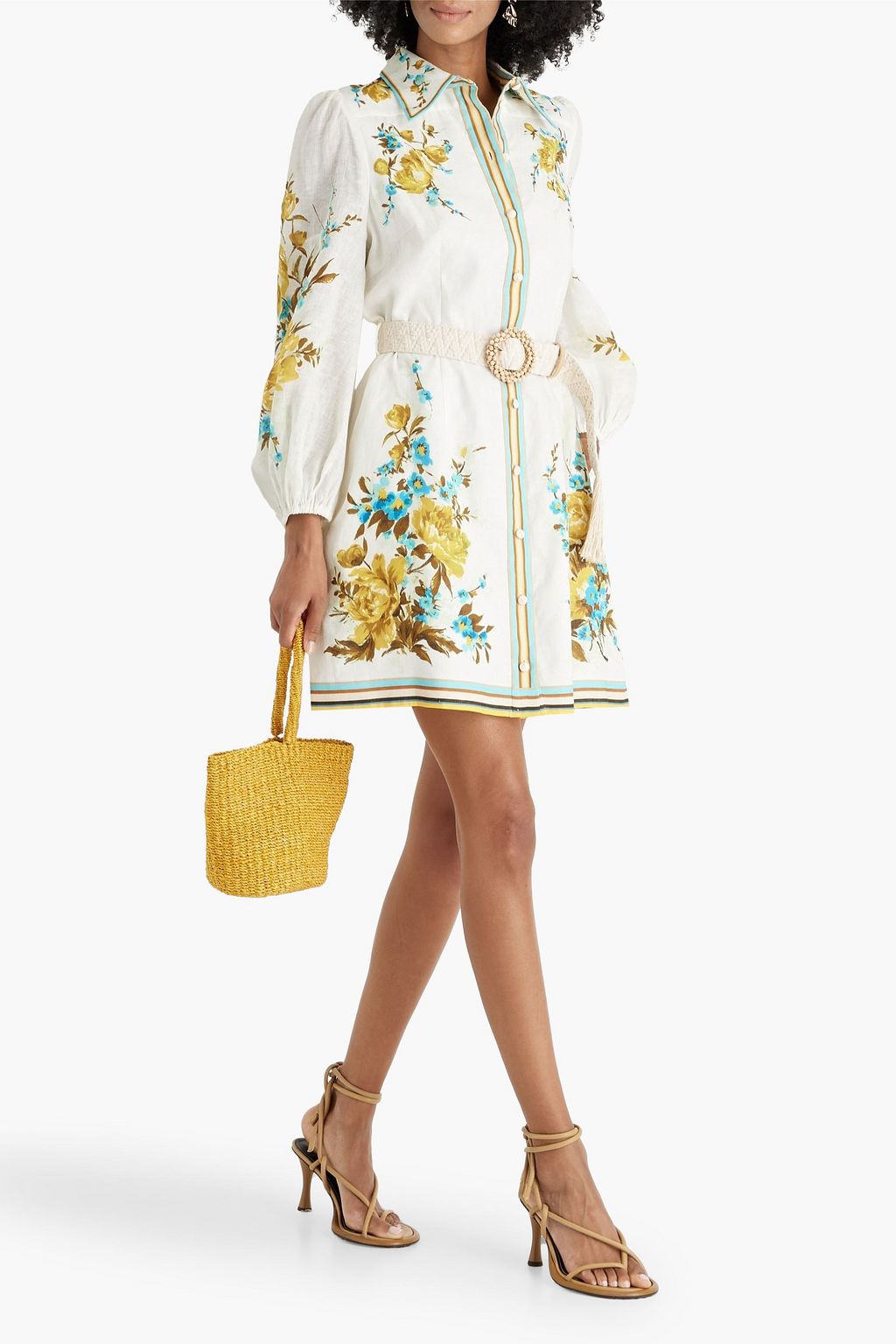 ZIMMERMANN Belted floral-print linen mini shirt dress