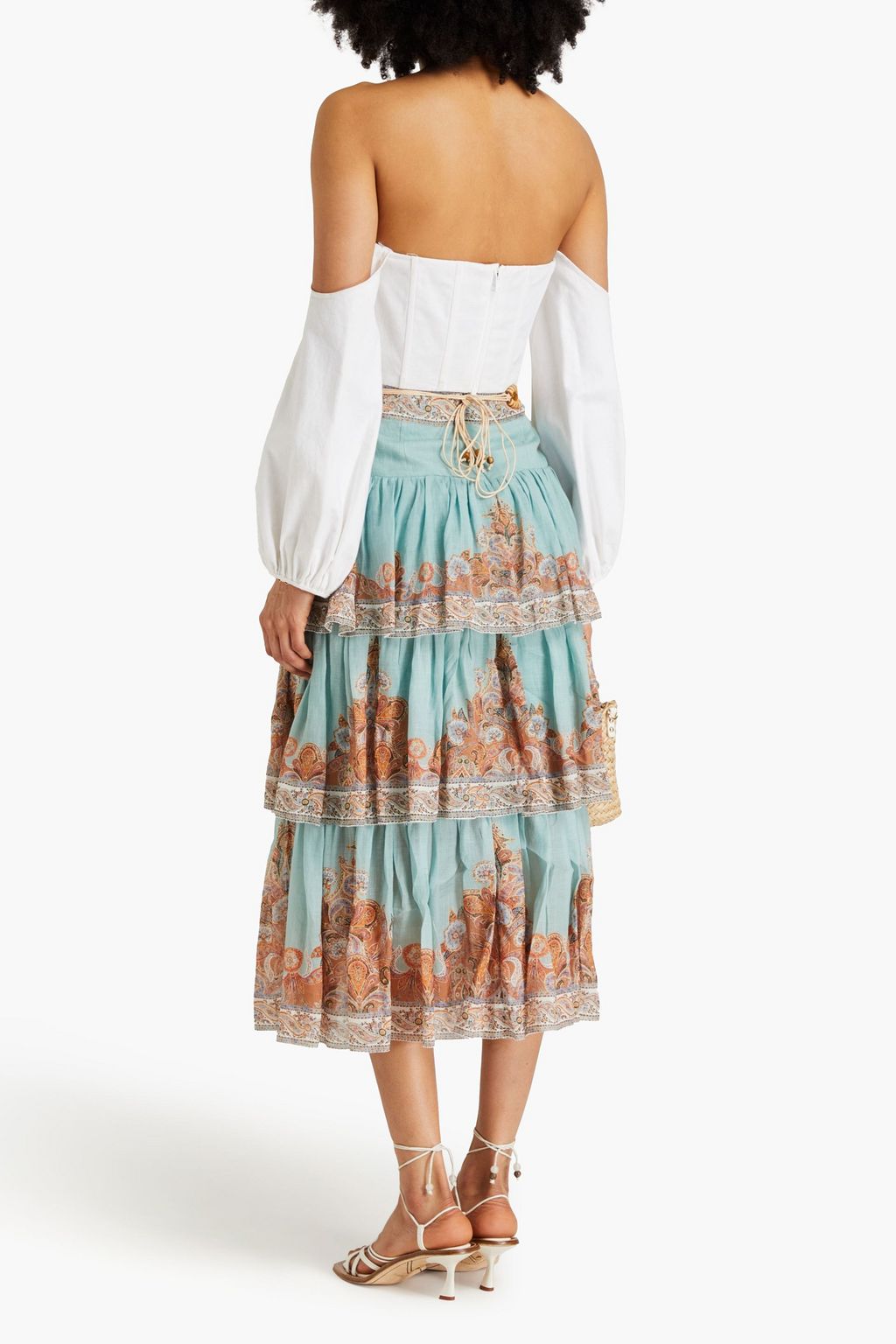 ZIMMERMANN 페이즐리 프린트 라미 티어드 미디 스커트