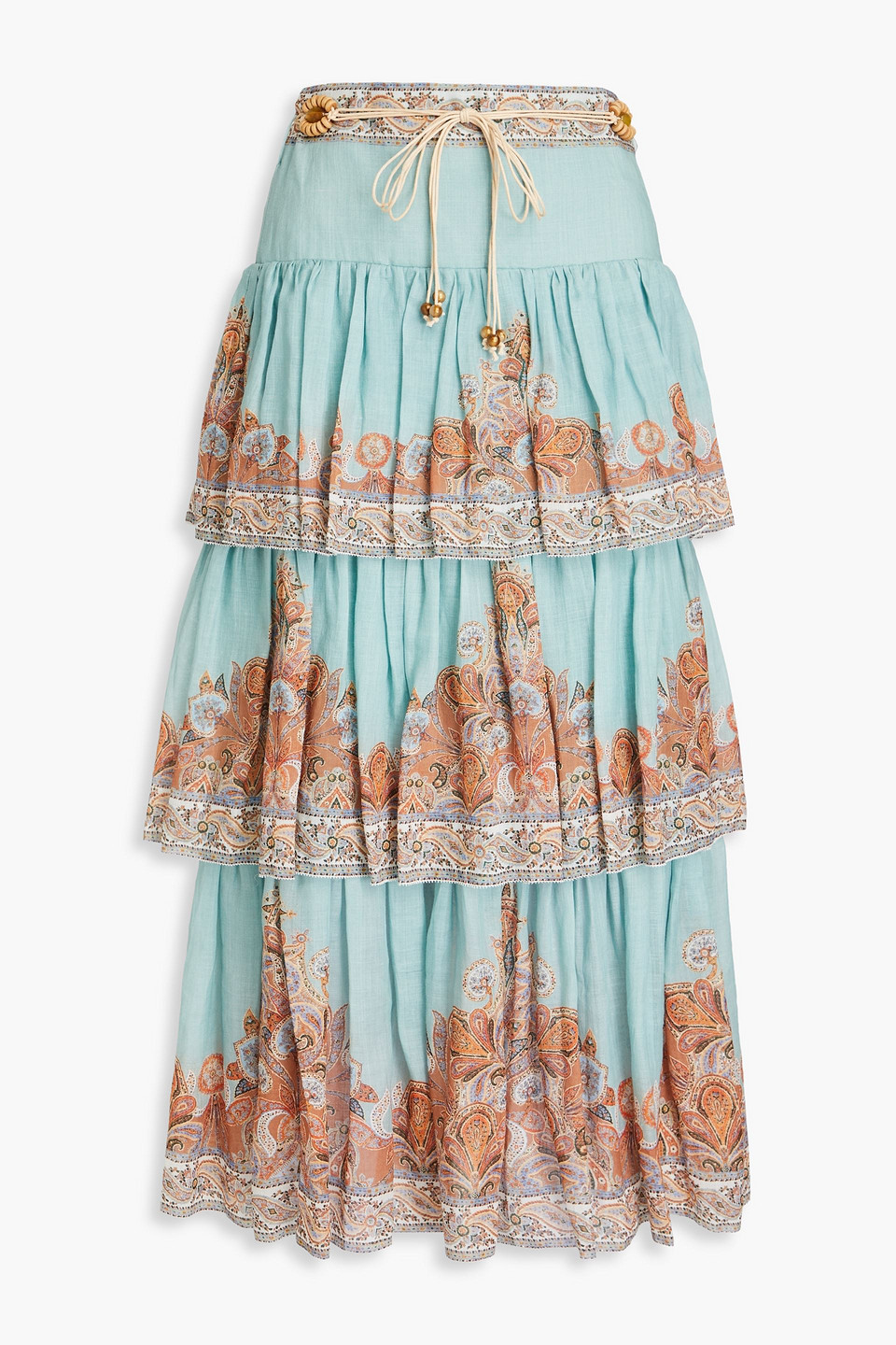 Zimmermann Tiered Paisley-print Ramie Midi Skirt In Sky Blue