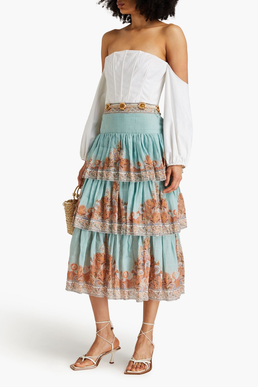 ZIMMERMANN 페이즐리 프린트 라미 티어드 미디 스커트