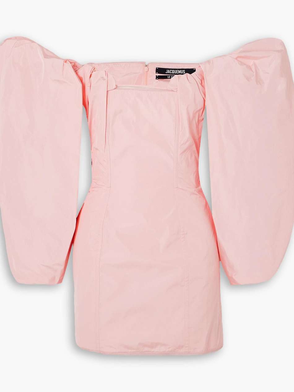 off-the-shoulder gathered taffeta mini dress