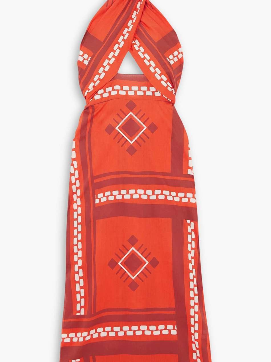 cuzco ruby quipu knots cutout printed cotton-voile halterneck maxi dress