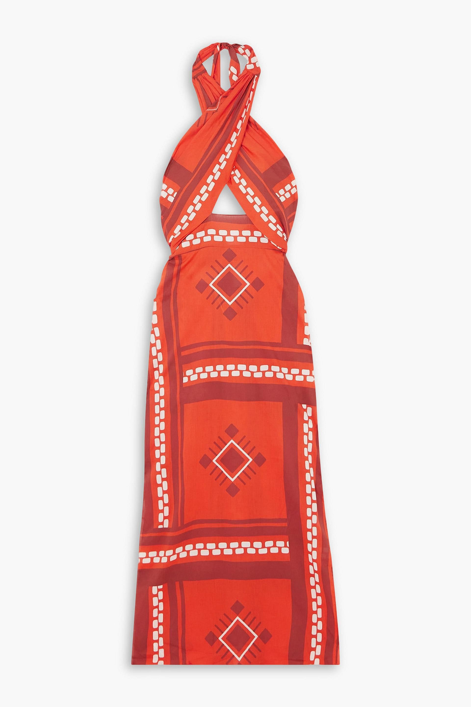 Shop Johanna Ortiz Cuzco Ruby Quipu Knots Cutout Printed Cotton-voile Halterneck Maxi Dress In Tomato Red