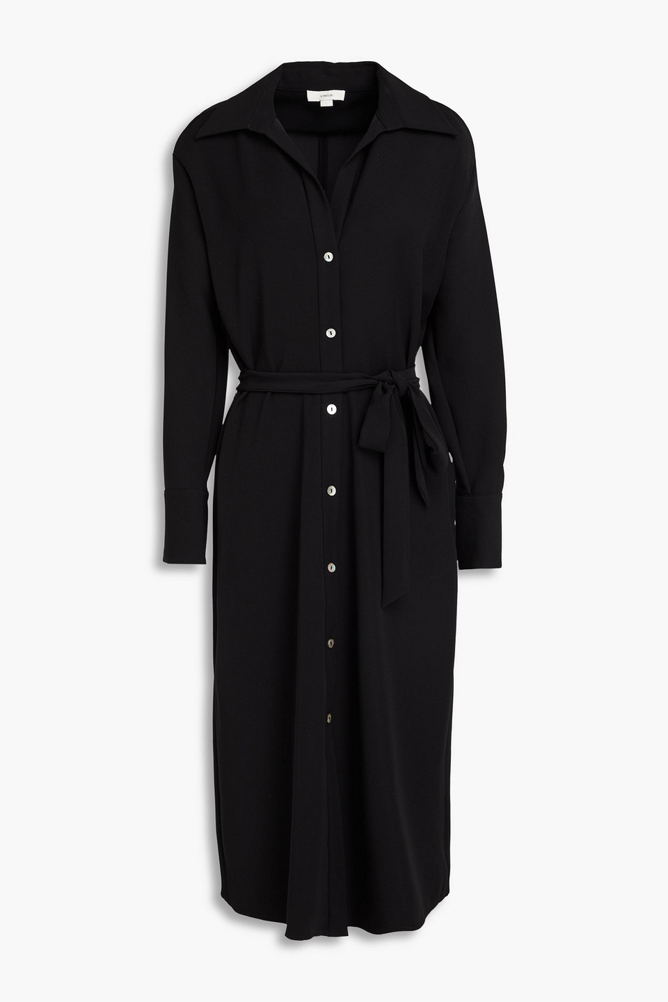 VINCE BELTED CREPE MIDI SHIRT DRESS