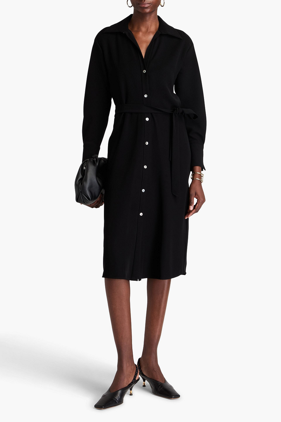 VINCE BELTED CREPE MIDI SHIRT DRESS