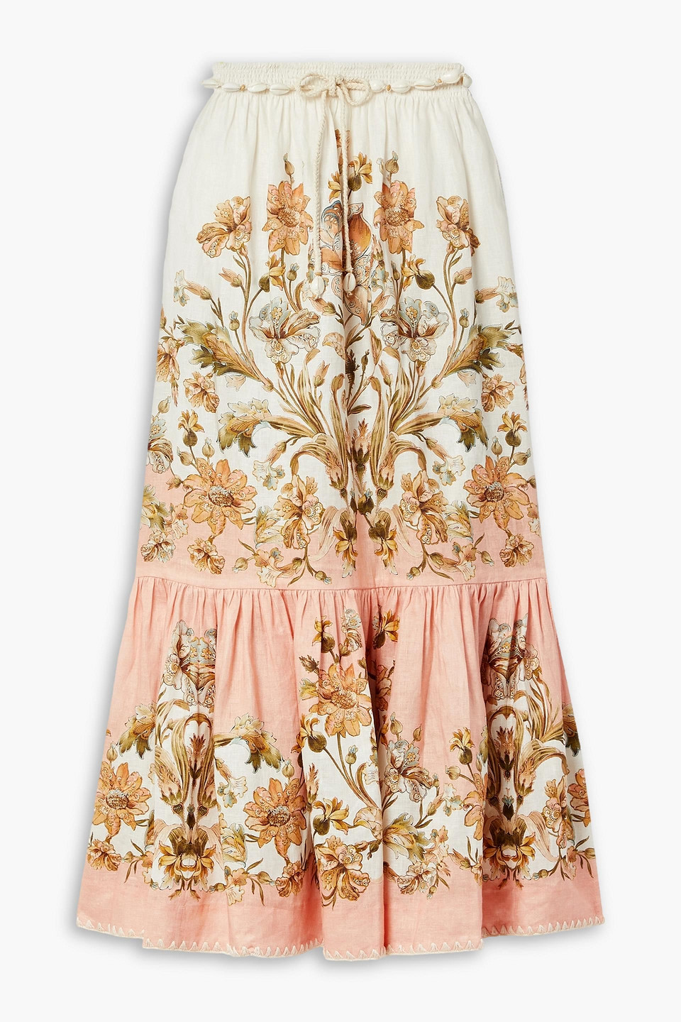 Zimmermann Chintz Belted Tiered Floral-print Linen Midi Skirt In Blush