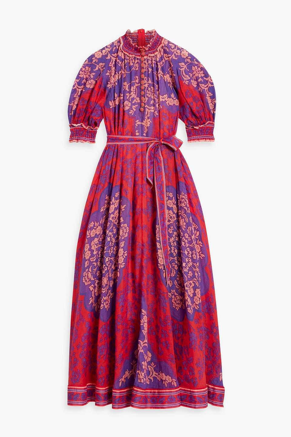 Zimmermann Raie Swing Belted Printed Ramie Maxi Dress In Violett
