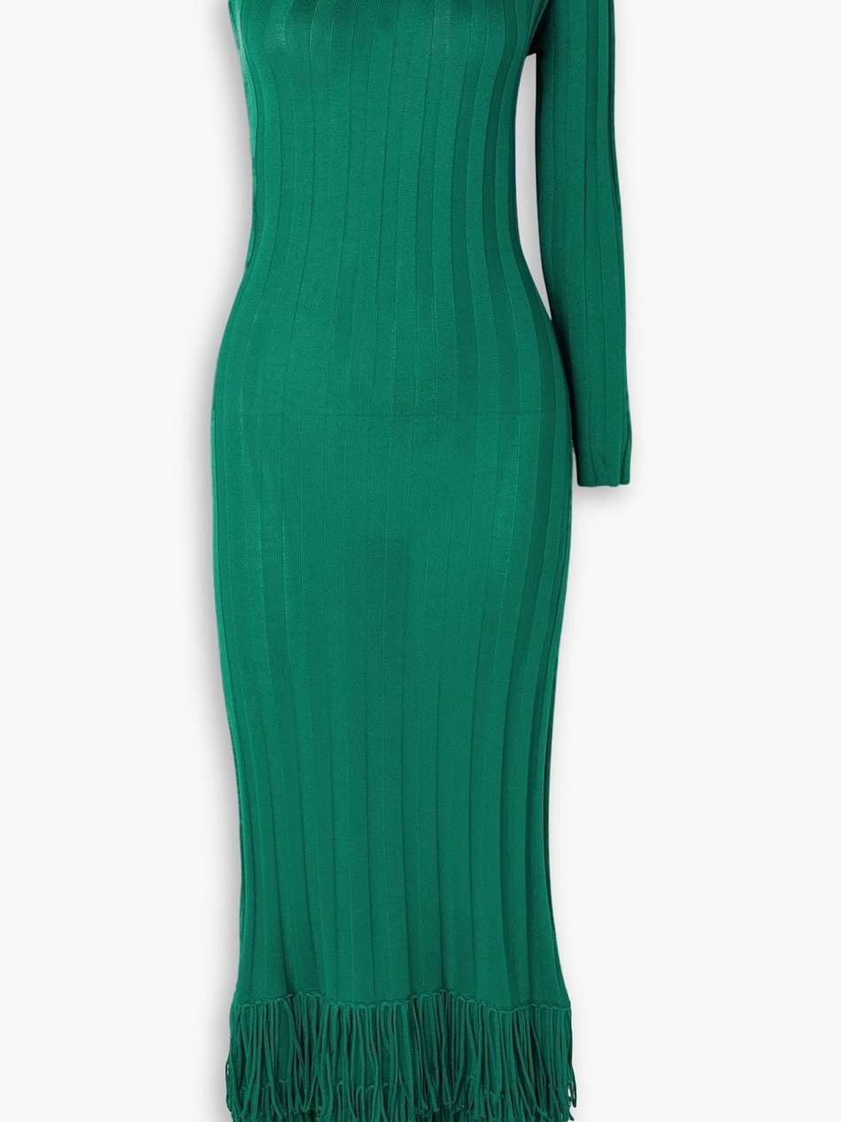 one-shoulder fringed ribbed silk maxi dress