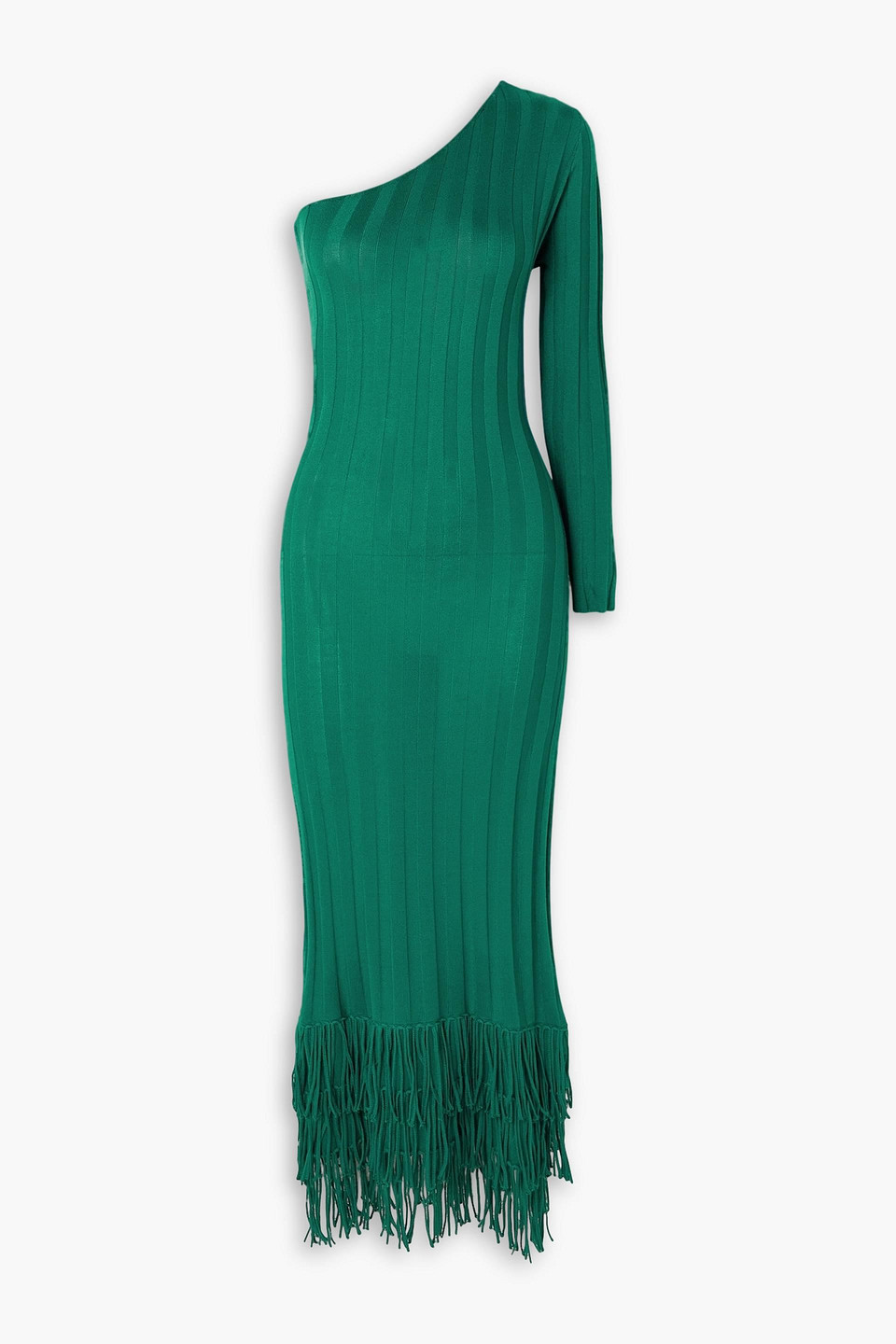 One-shoulder fringed ribbed silk maxi dress