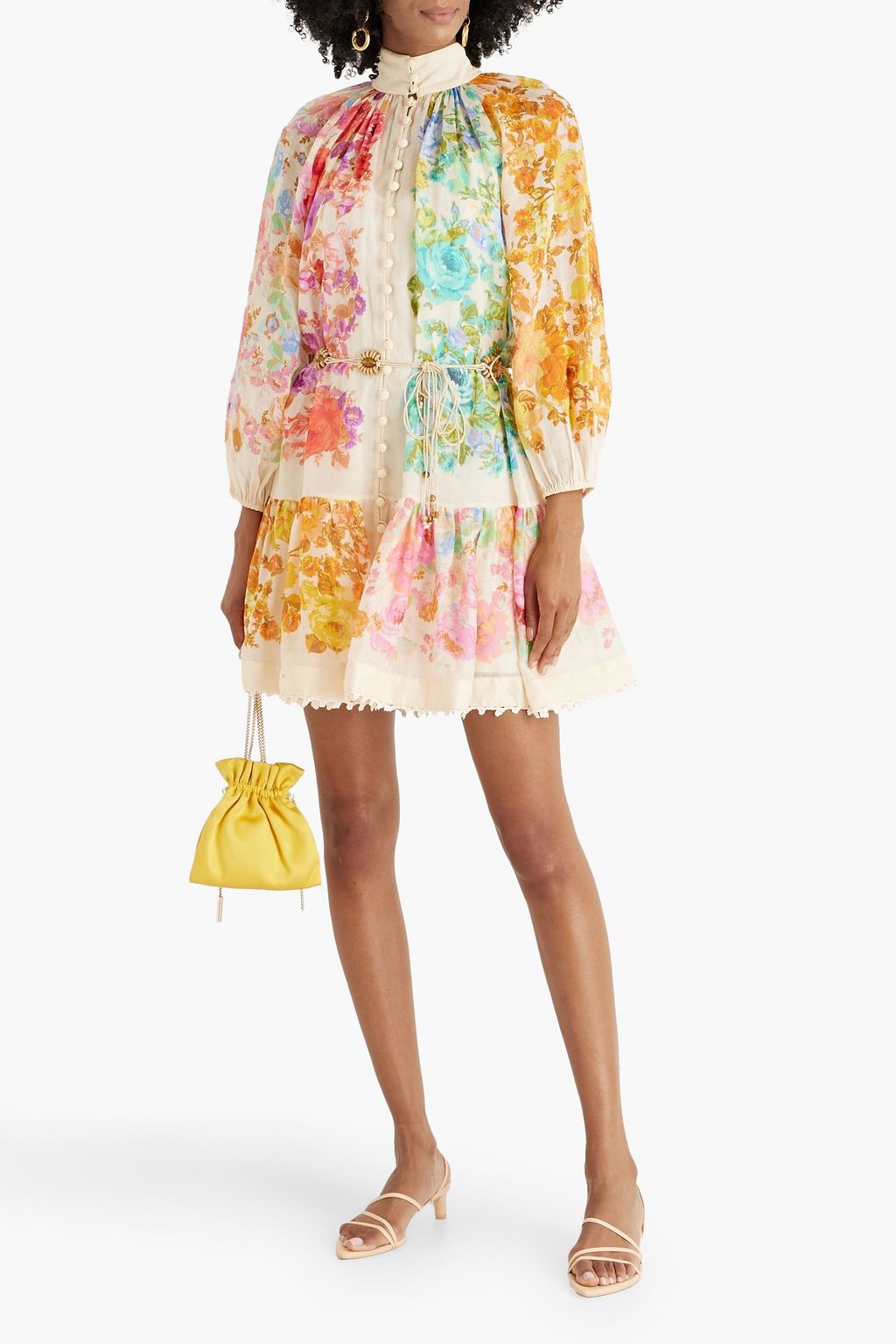 ZIMMERMANN فستان قصير من قماش الرامي مزين بطبعات على شكل زهور ومزود بحزام