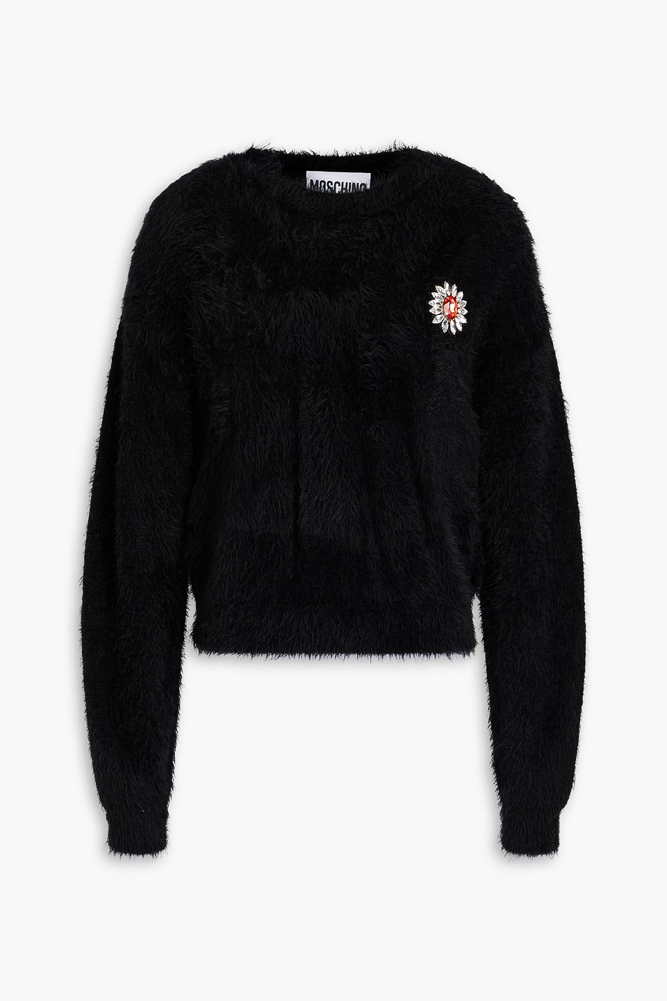 Moschino Crystal-embellished Brushed Knitted Sweater In Black