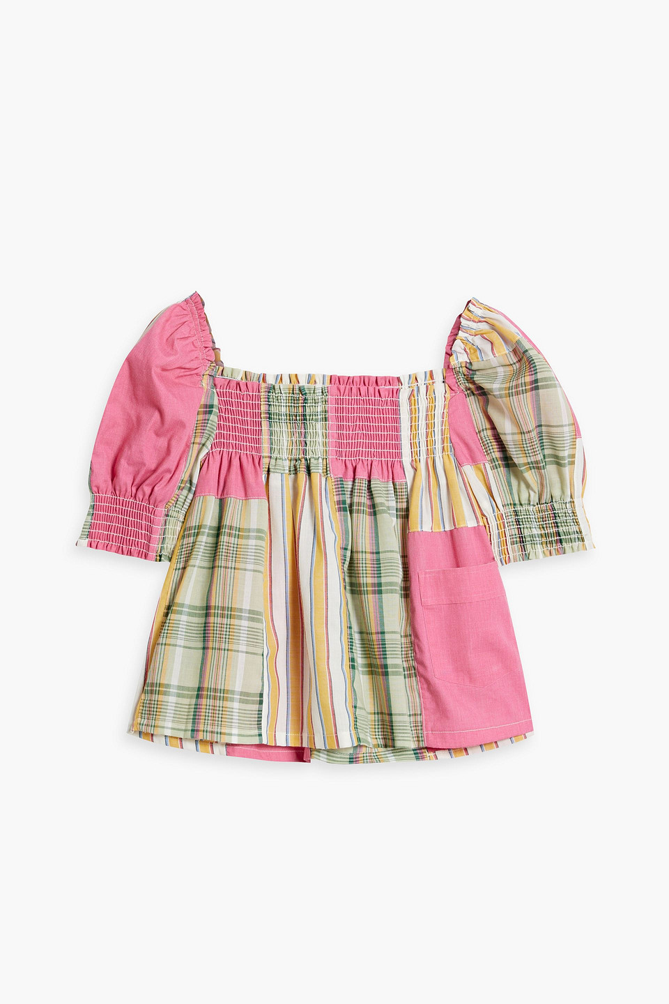 Re/done 70s Shirred Patchwork Checked Cotton Top In Pink