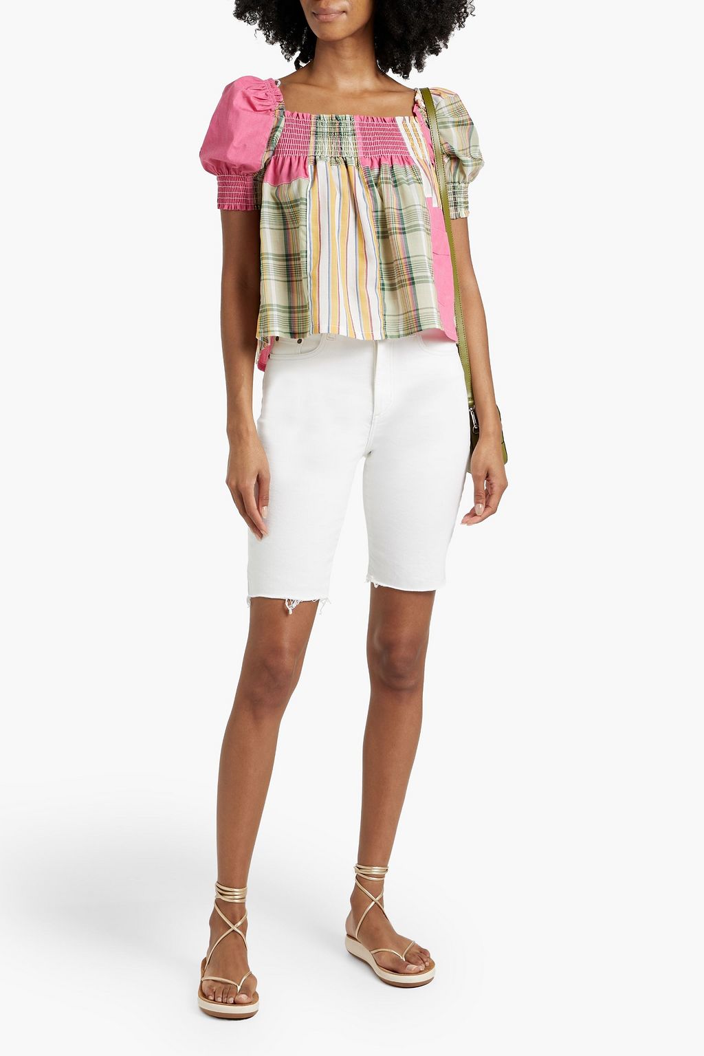 RE/DONE 70s shirred patchwork checked cotton top