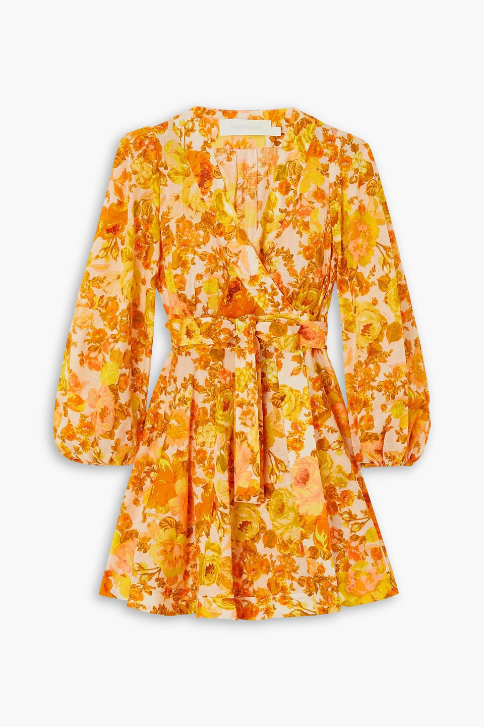 Zimmermann Raie Belted Floral-print Cotton-poplin Mini Wrap Dress In Orange