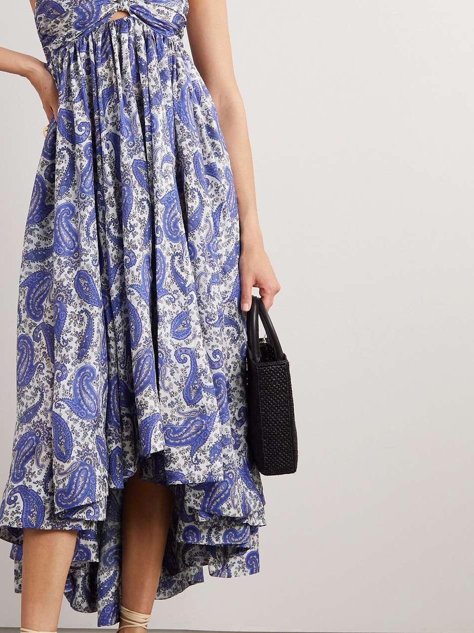 devi pleated printed silk halterneck midi dress