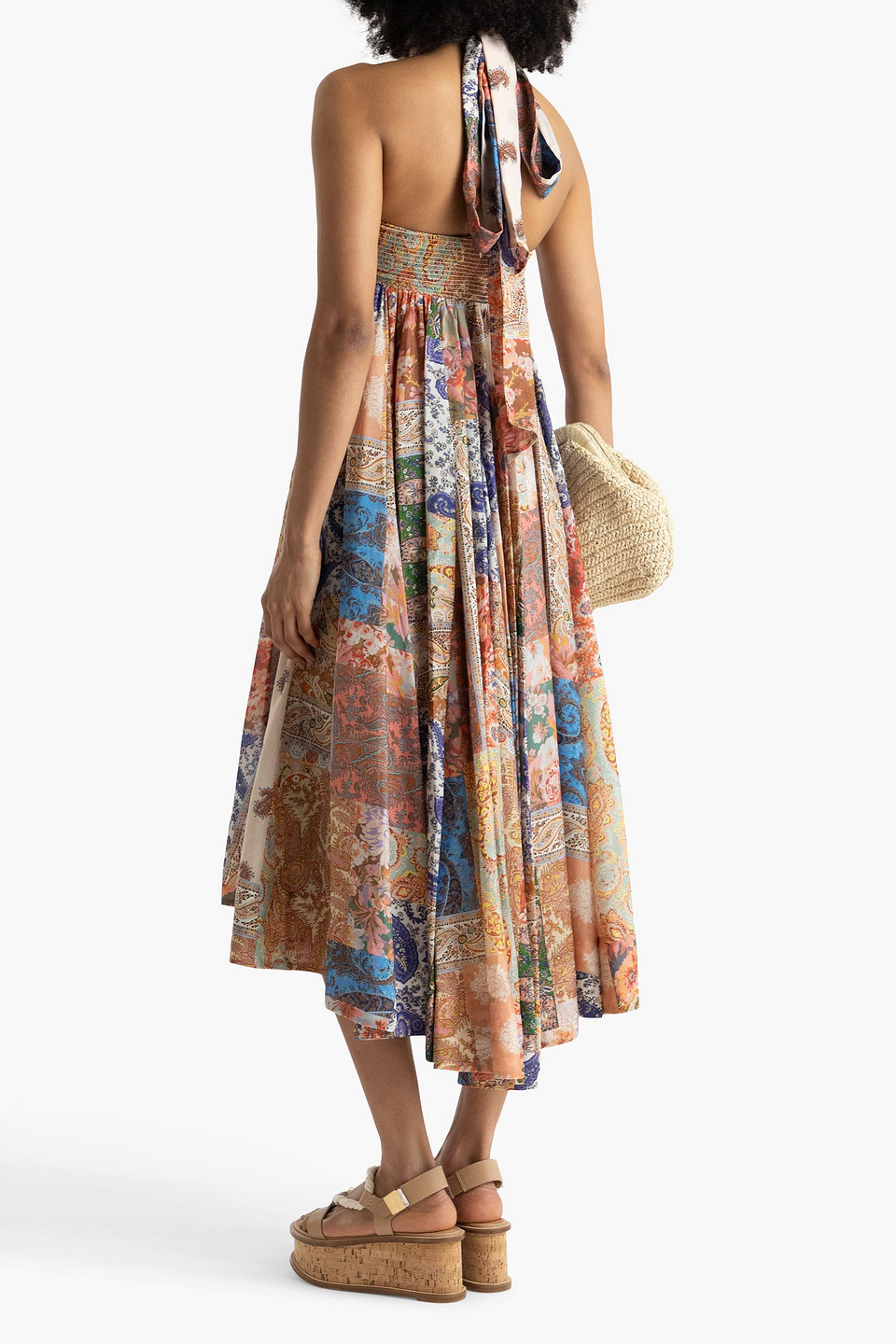 Shop Zimmermann Devi Pleated Paisley-print Silk Halterneck Midi Dress In Pfirsichfarben