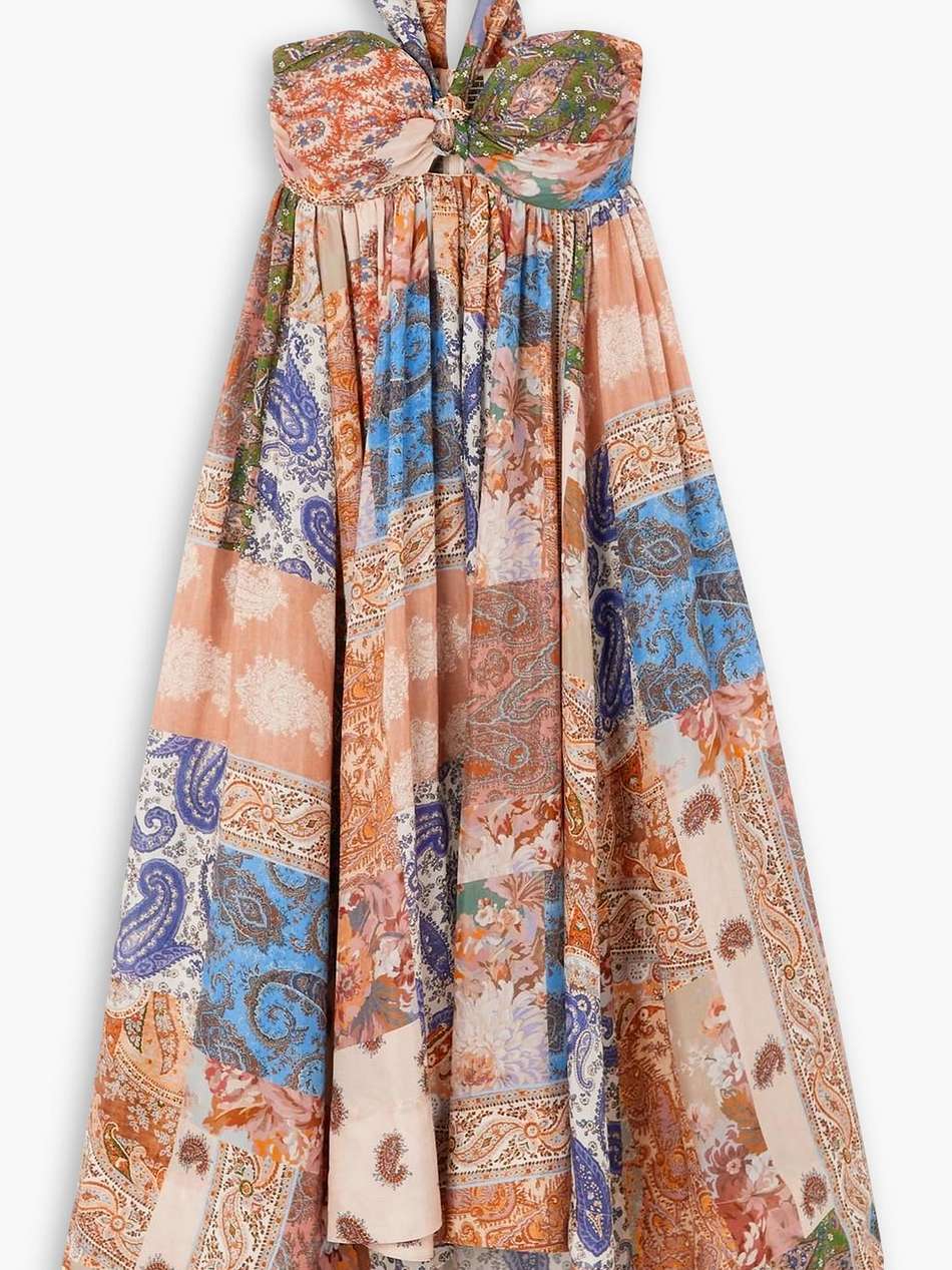 devi pleated paisley-print silk halterneck midi dress
