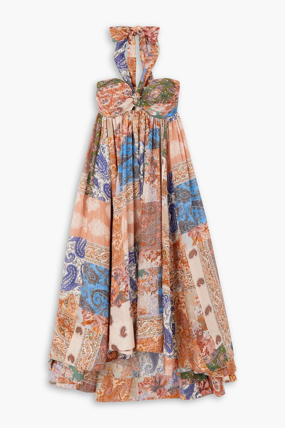 Shop Zimmermann Devi Pleated Paisley-print Silk Halterneck Midi Dress In Pfirsichfarben