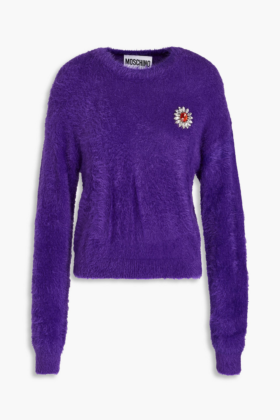 Moschino Crystal-embellished Brushed Knitted Sweater In Purple