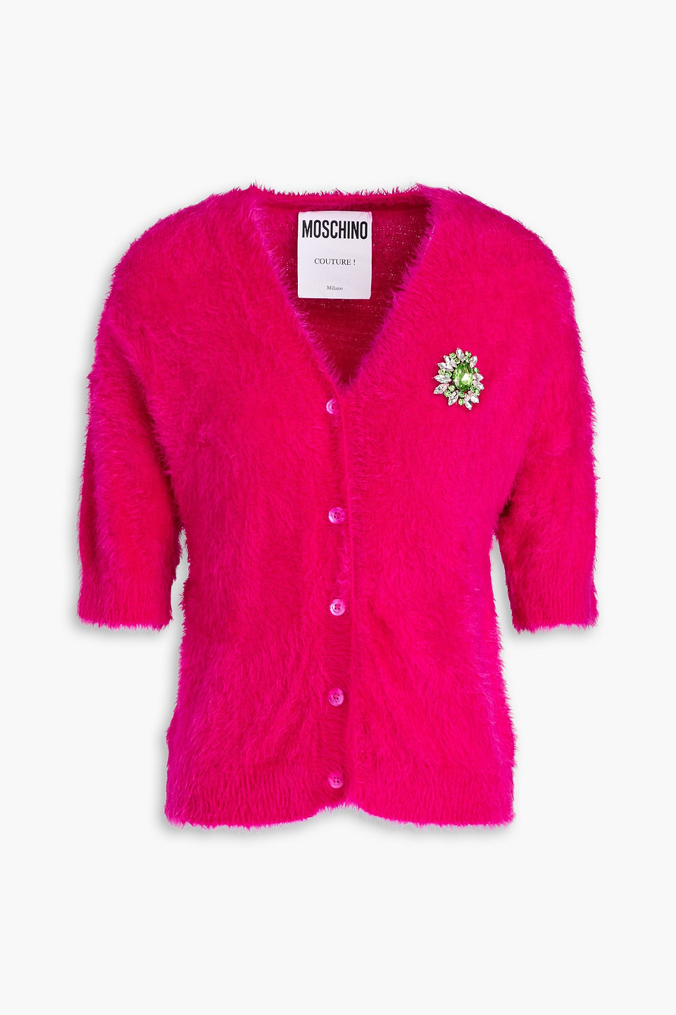 Moschino Crystal-embellished Brushed Knitted Cardigan In Fuchsia
