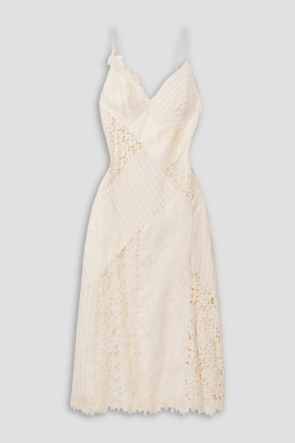 Zimmermann Patchwork Lace, Linen And Silk-jacquard Midi Dress In Cream