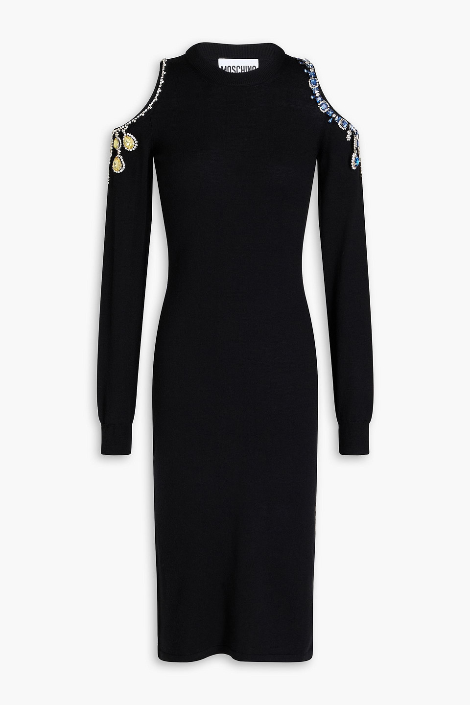 Moschino Cold-shoulder Crystal-embellished Wool Dress In Black