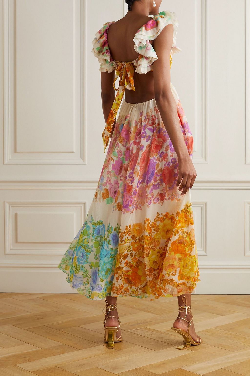 ZIMMERMANN Raie cutout ruffled printed cotton and silk-blend chiffon midi dress