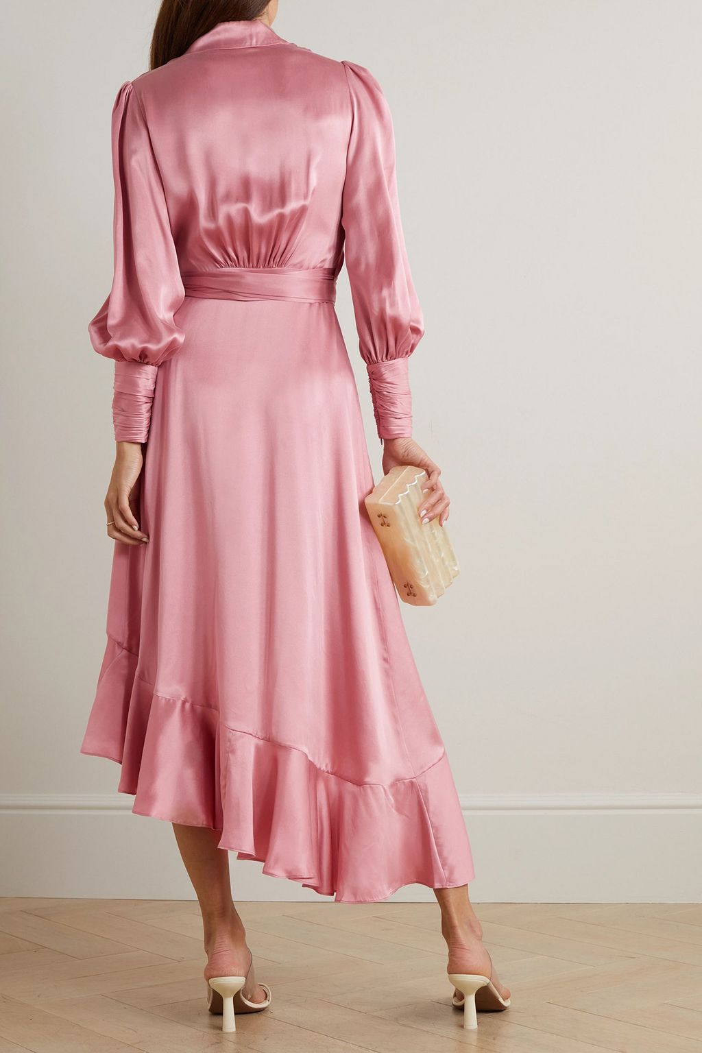 ZIMMERMANN Asymmetric ruffled silk-satin midi wrap dress