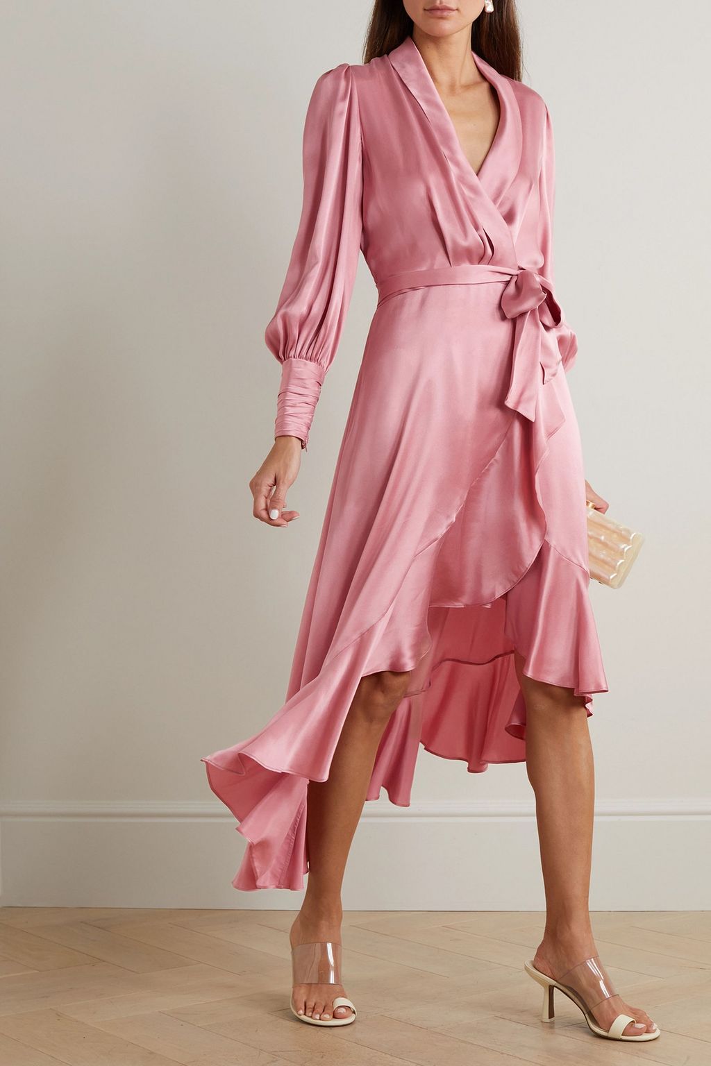 ZIMMERMANN Asymmetric ruffled silk-satin midi wrap dress