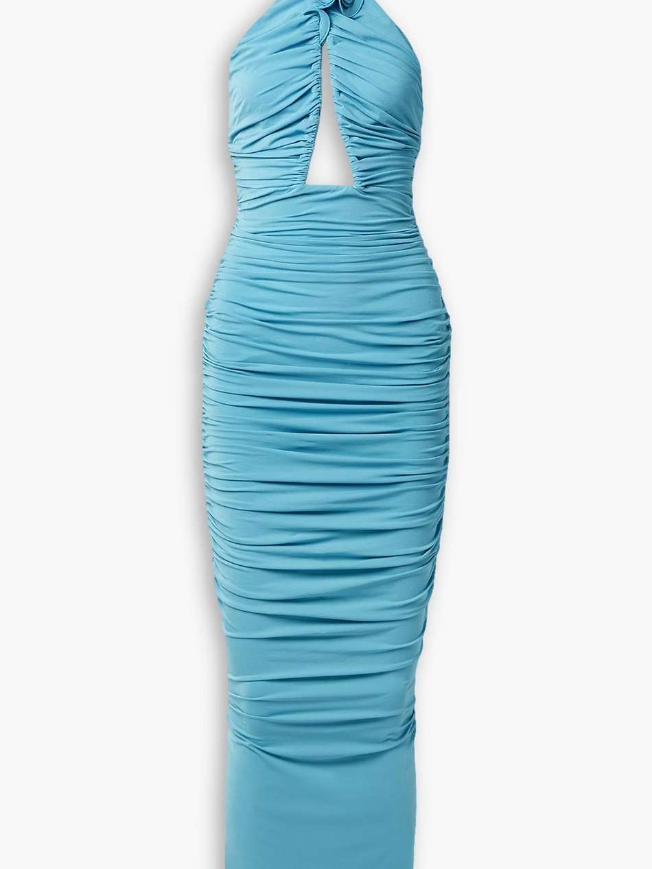 appliquéd cutout ruched stretch-jersey halterneck maxi dress