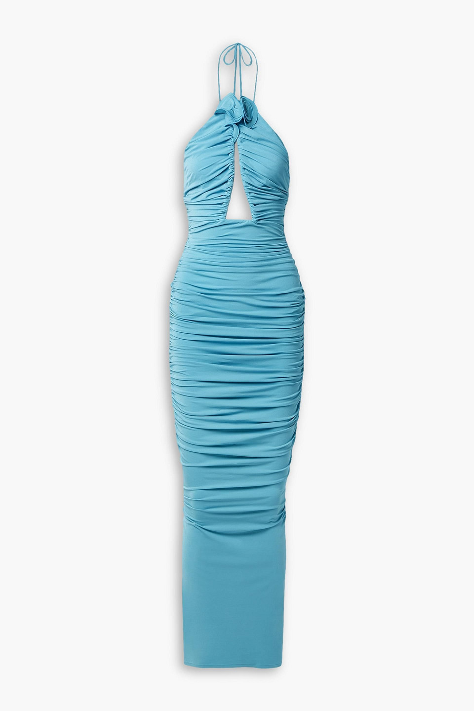 MAGDA BUTRYM APPLIQUÉD CUTOUT RUCHED STRETCH-JERSEY HALTERNECK MAXI DRESS